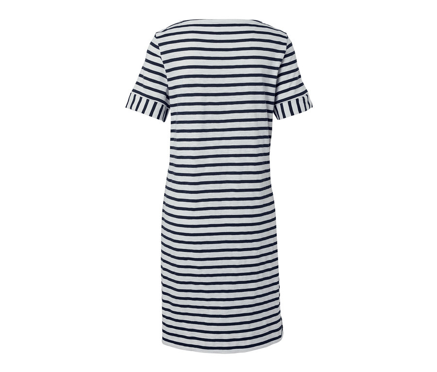 Vue arrière d'une robe en jersey rayée bleu et blanc.