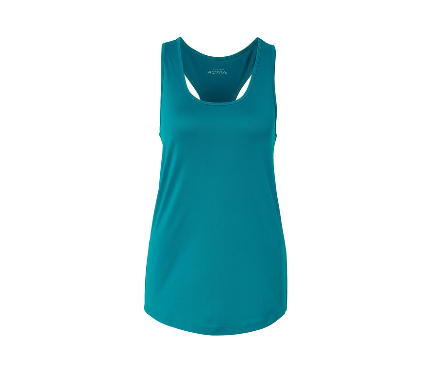 Un haut de sport turquoise d'un ensemble de deux pièces.