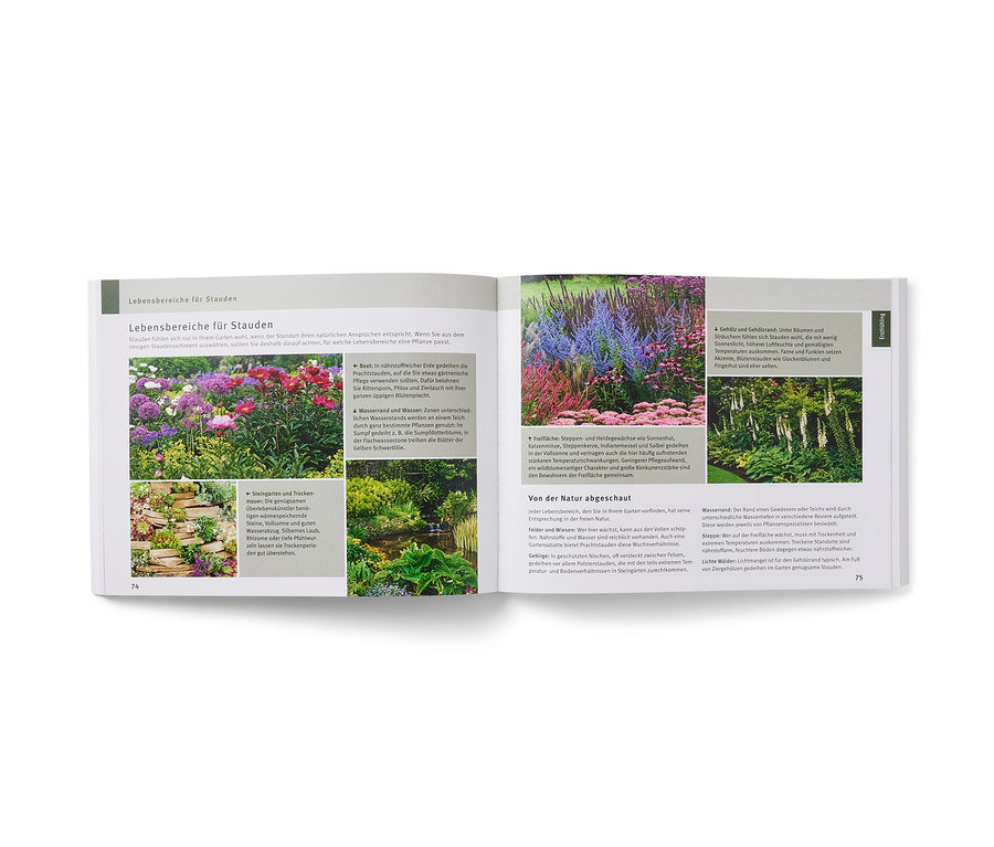 Un livre ouvert présente des pages avec des photos et du texte sur le jardinage, intitulé «	Gut geplant durchs Gartenjahr	» (une bonne planification de votre jardinage tout au long de l’année, en allemand).