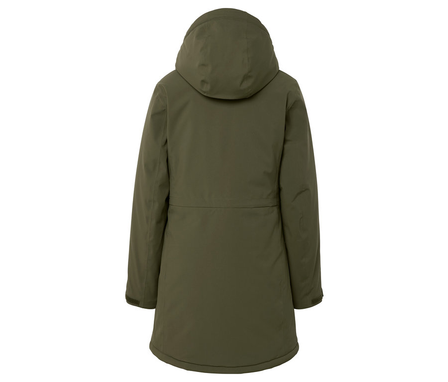 Vue arrière d'une veste d'hiver vert olive avec capuche.