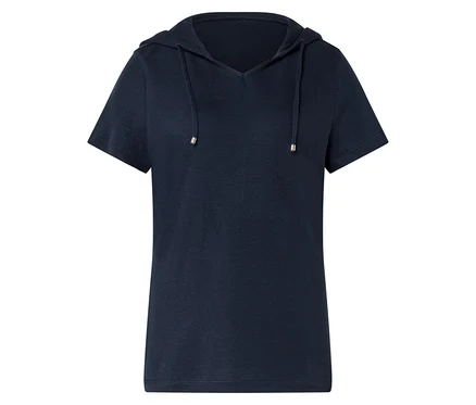 T-shirt bleu marine à capuche avec manches courtes et encolure en V.