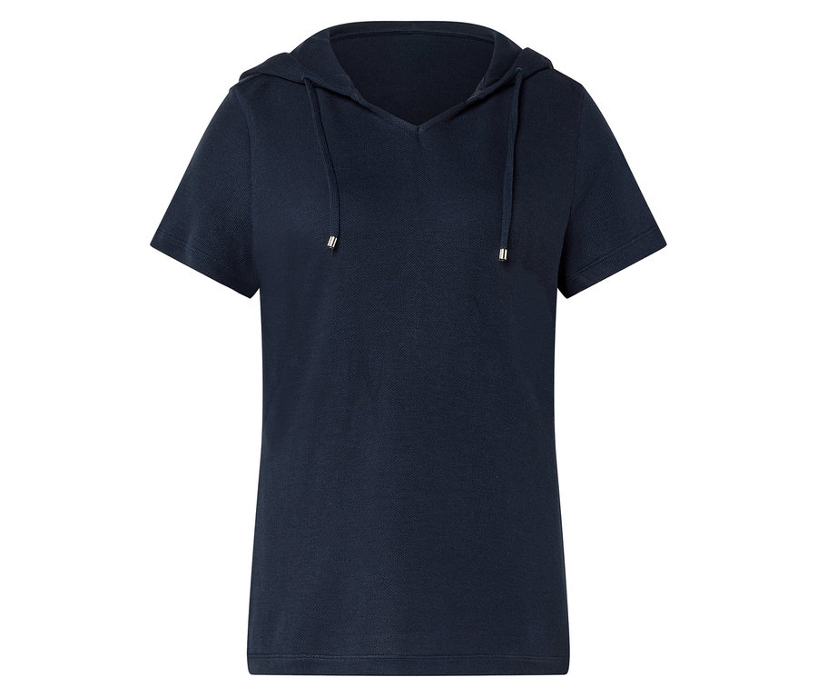 T-shirt bleu marine à capuche avec manches courtes et encolure en V.