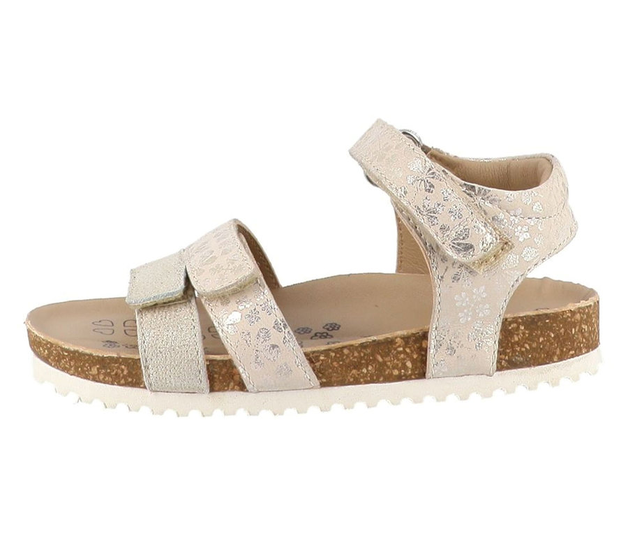 Sandale pour fille LURCHI « Beo » beige avec motif floral métallique, semelle en liège et fermetures auto-agrippantes.