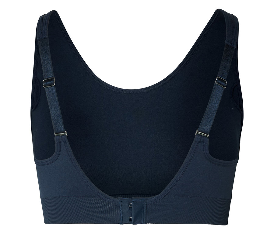 Vue arrière d'un soutien-gorge de sport bleu marine avec bretelles réglables et fermeture à agrafes.