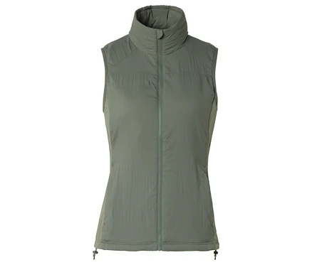 Gilet matelassé vert sans manches avec fermeture éclair sur fond blanc.