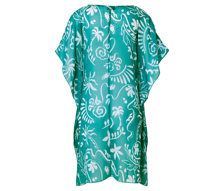 Vue arrière d'un caftan turquoise avec des motifs floraux et tropicaux blancs.