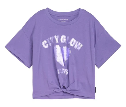 T-shirt lilas avec motif cœur « City Glow » et nœud sur le devant.