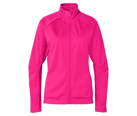 Une veste polaire rose avec fermeture éclair intégrale est présentée sur un fond blanc.