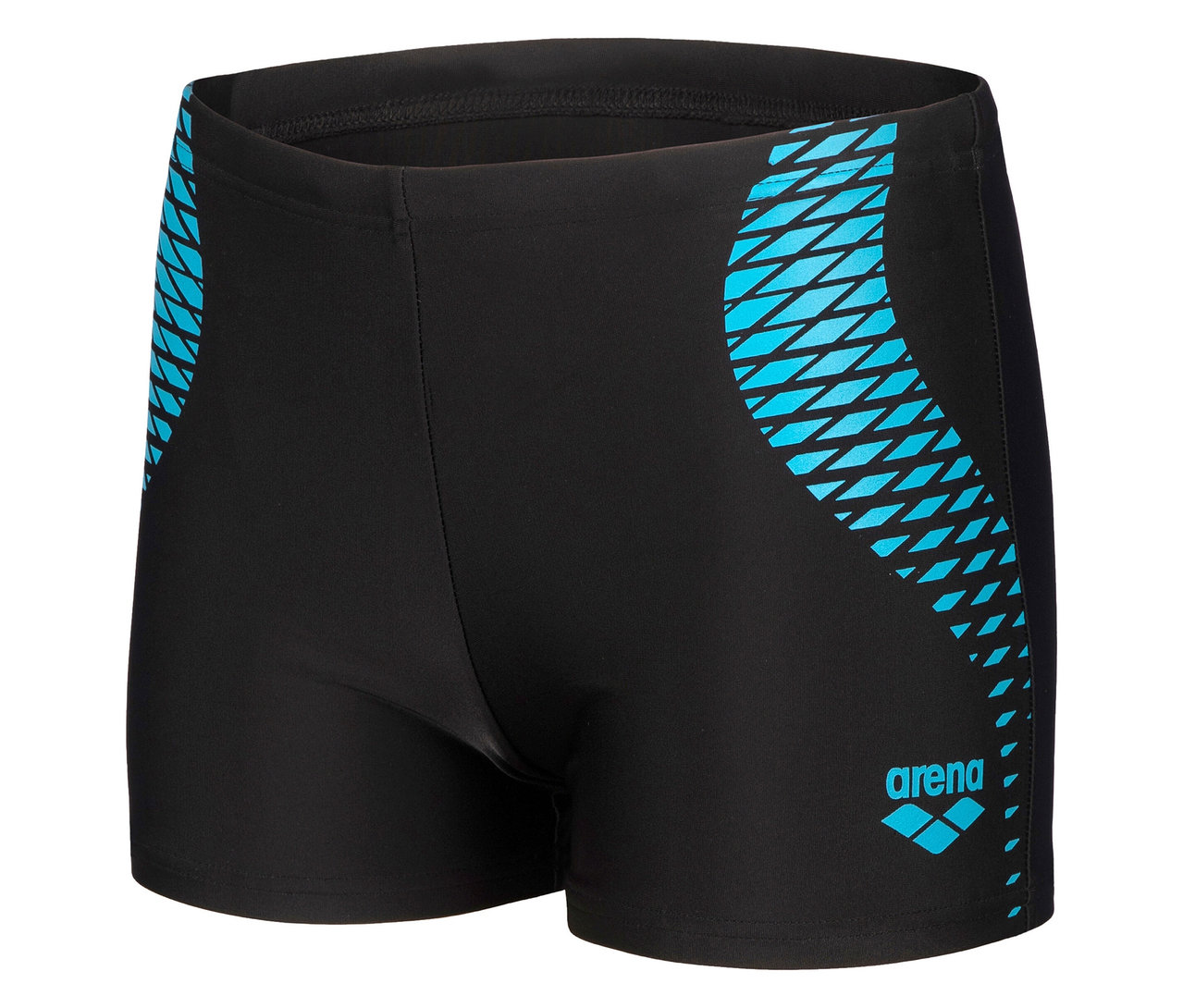 Maillot de bain noir avec motif bleu et logo Arena.