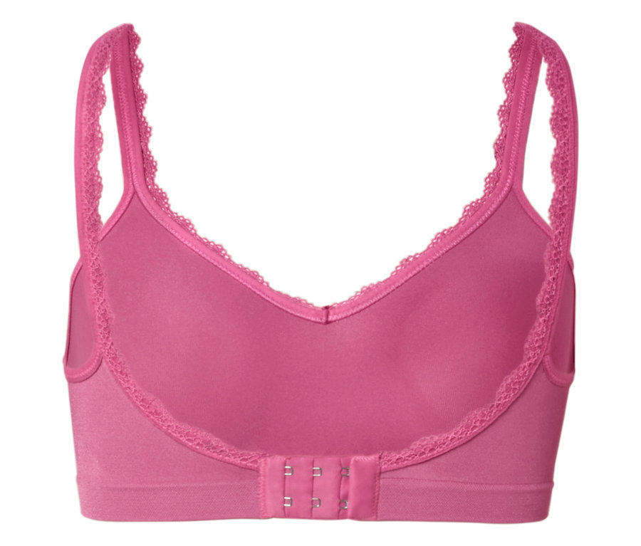 Vue arrière d'un soutien-gorge rose avec bordure en dentelle.