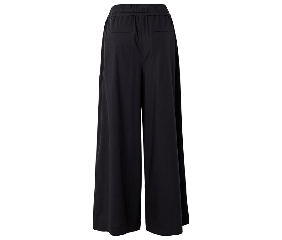 Vue arrière d'un pantalon noir ample avec une taille élastique et deux poches arrière.