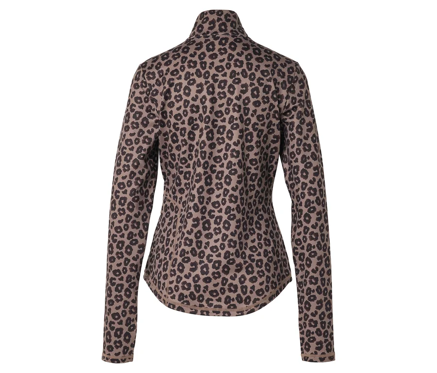 Vue arrière d'une veste marron clair à manches longues avec motif léopard et col montant.
