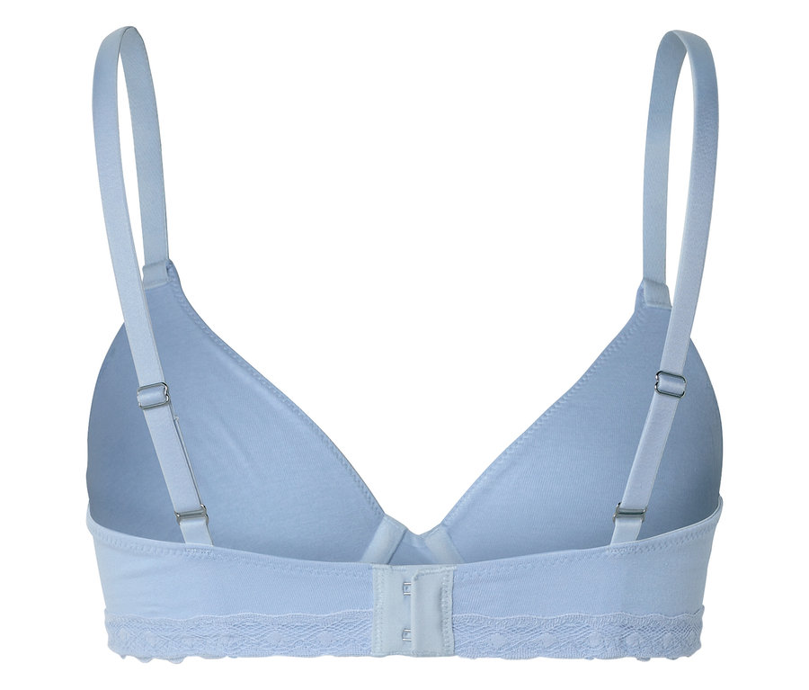 Vue arrière d'un soutien-gorge bleu clair avec bretelles réglables et fermeture à agrafes.