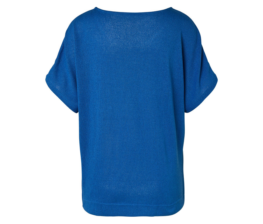 Vue arrière d'un haut en tricot bleu cobalt à manches courtes.