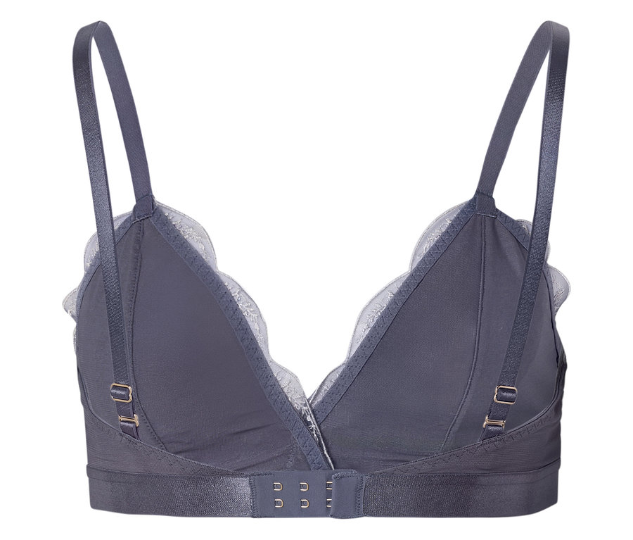 Soutien-gorge gris avec dentelle et bretelles réglables, vue arrière.