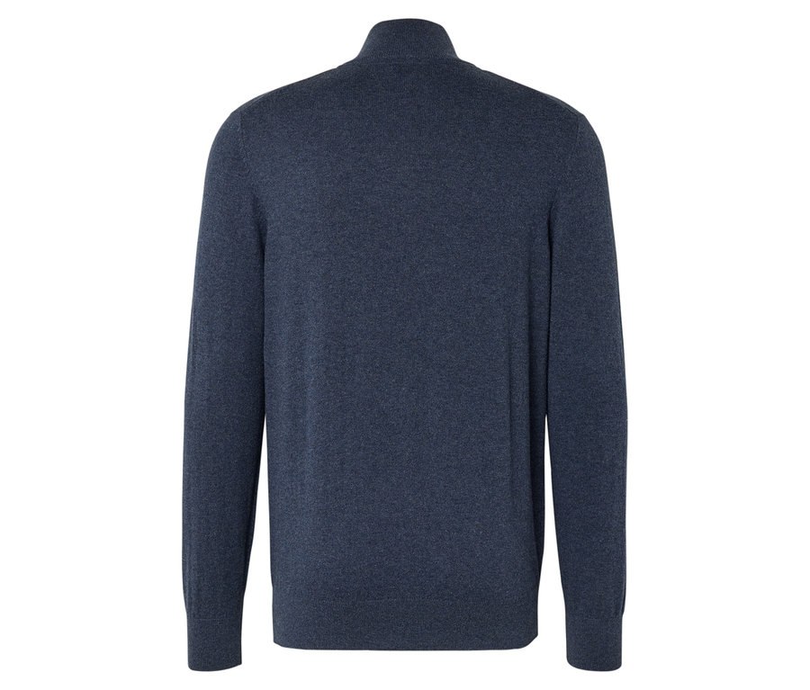 Vue arrière d'un pull en tricot bleu marine avec fermeture éclair.