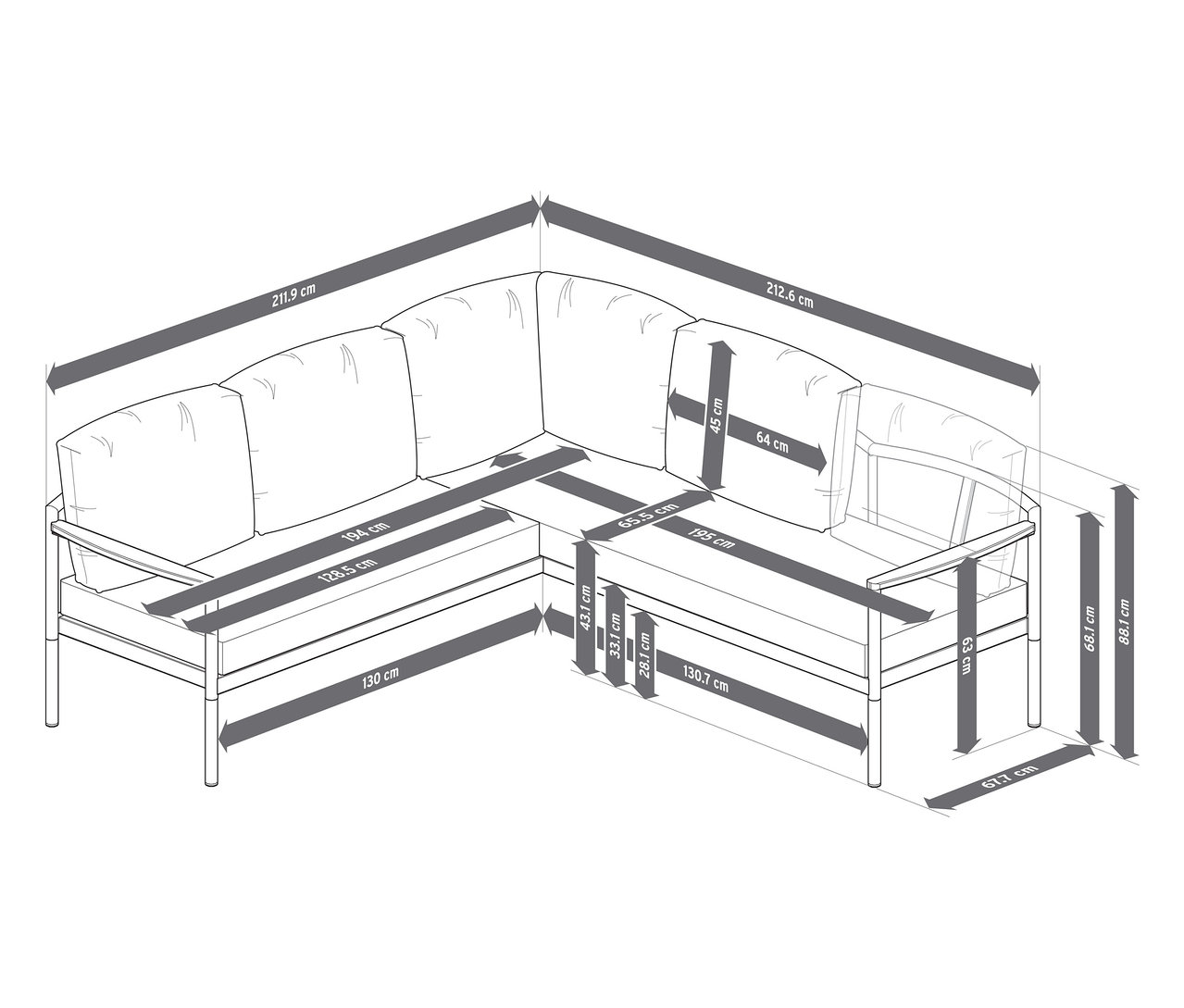 Dimensions du coin repas-salon « Elin » avec largeurs, profondeurs et hauteurs en centimètres.