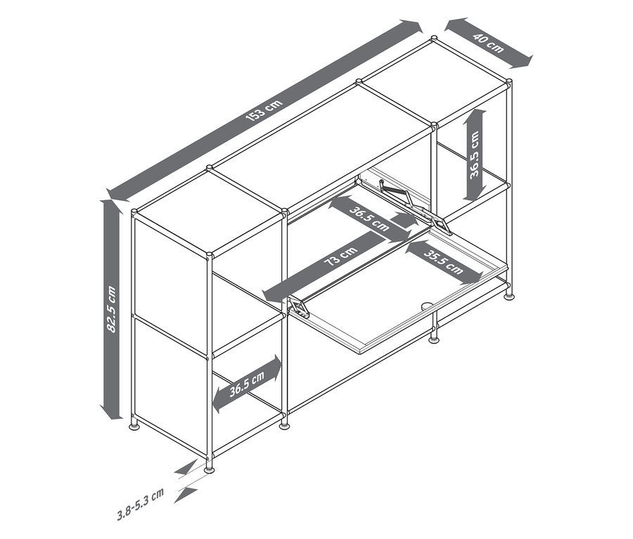Vue de dessus d'un système d'étagères modulaires avec tiroirs et dimensions.