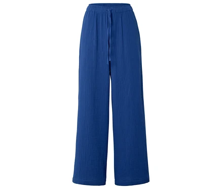 Pantalon relax en mousseline tissée bleu, à jambes larges et taille à cordon de serrage.