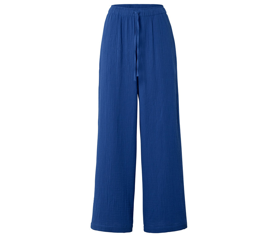 Pantalon relax en mousseline tissée bleu, à jambes larges et taille à cordon de serrage.