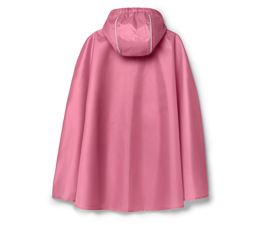 Vue arrière d'un poncho de pluie rose avec capuche et rayures blanches.