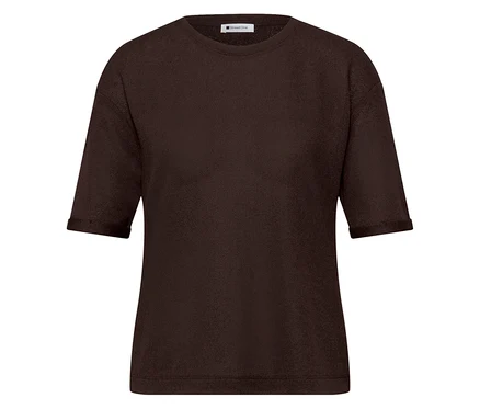 T-shirt Street One marron foncé avec motif texturé, col rond et manches retroussées.