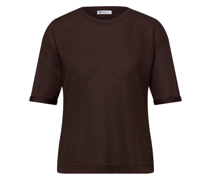 T-shirt Street One marron foncé avec motif texturé, col rond et manches retroussées.