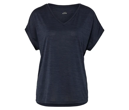 T-shirt Active bleu marine à col en V et manches courtes sur fond blanc.