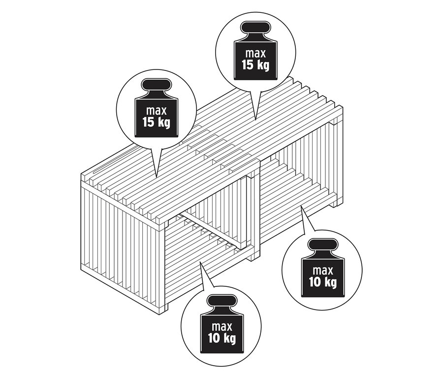 Vue de dessus d'une table basse extensible « FLEKSIBEL » avec indication du poids.