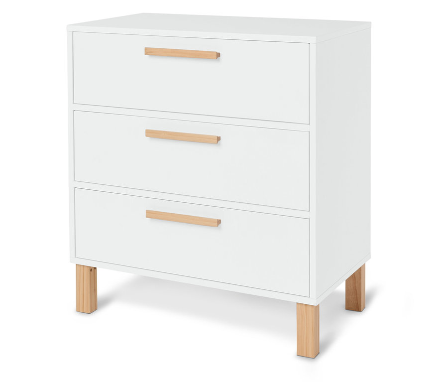 Commode blanche à trois tiroirs avec poignées et pieds en bois marron clair.