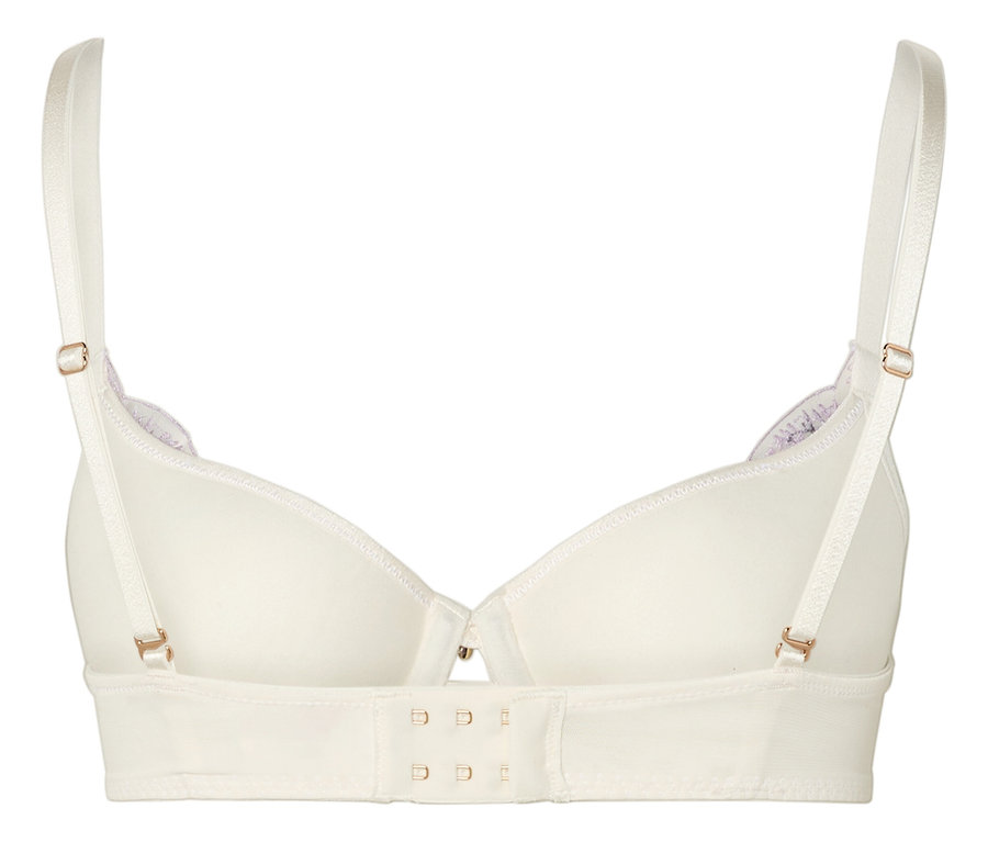 Vue arrière d'un soutien-gorge crème avec de fines bretelles et des détails violets.