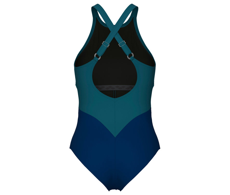 Vue arrière d'un maillot de bain bleu marine et turquoise avec des bretelles croisées.