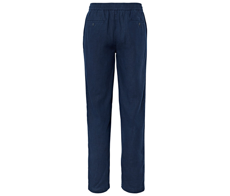Pantalon bleu marine avec ceinture élastique et poches arrière.