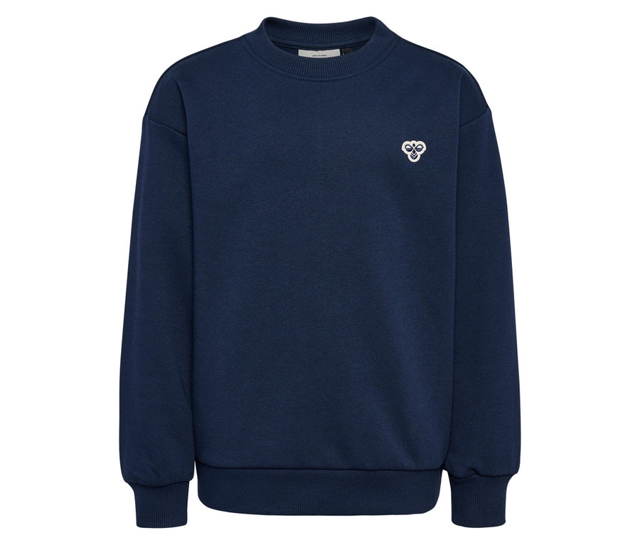 Sweat-shirt bleu hummel® HMLJR Loose Crew Neck Bee avec encolure ras du cou et petit logo blanc sur la poitrine.