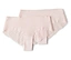 Deux culottes de femmes rose clair avec bordure en dentelle sont posées l'une sur l'autre.