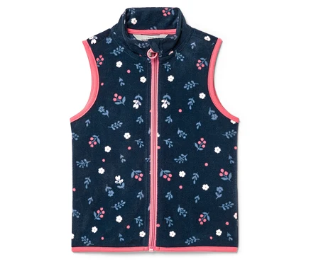 Veste polaire bleu marine à fermeture éclair intégrale et passepoil rose, recouverte d'un motif floral.