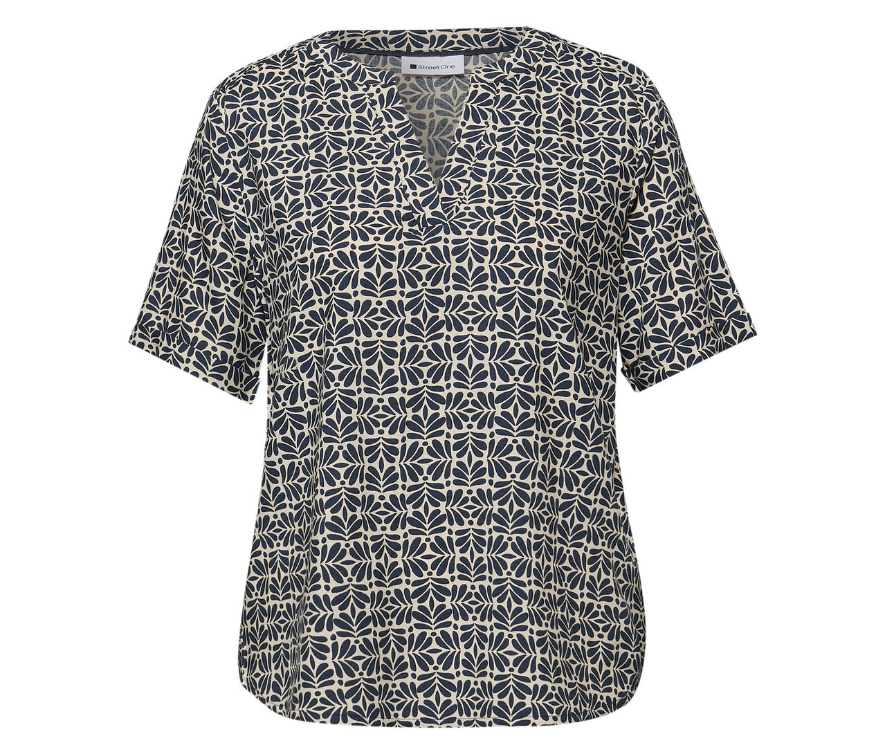 La blouse en maille Street One a un motif de feuilles bleues et des manches courtes.