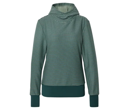 Sweat à capuche rayé vert et gris avec manches longues et ourlet plus foncé à la base et aux manches.
