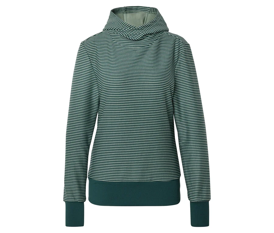 Sweat à capuche rayé vert et gris avec manches longues et ourlet plus foncé à la base et aux manches.