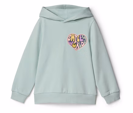 Sweat-shirt à capuche SMILEYWORLD® vert clair avec un motif graphique coloré en forme de cœur sur la poitrine gauche, affichant les mots 'SMILEY WORLD' et un smiley.