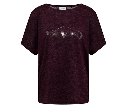 T-shirt bordeaux avec encolure ras du cou et imprimé argenté "DREAMS VIVID".