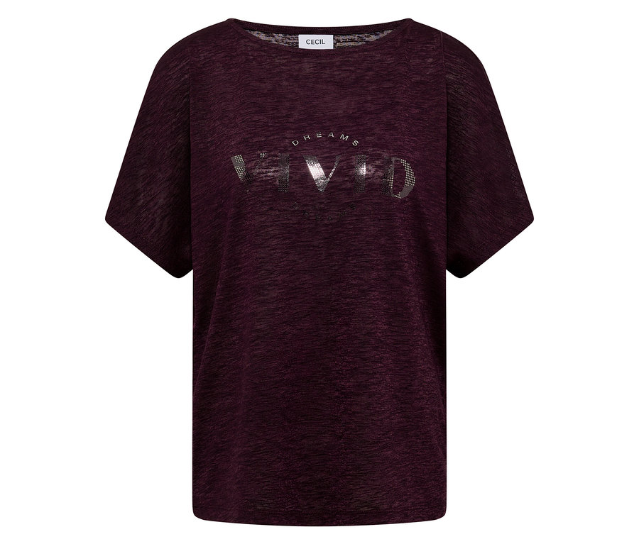 T-shirt bordeaux avec encolure ras du cou et imprimé argenté "DREAMS VIVID".