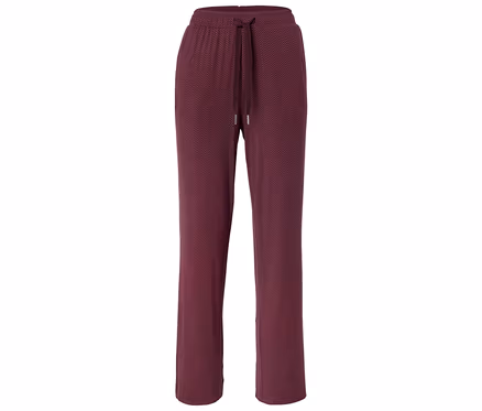 Un pantalon bordeaux avec cordon de serrage et motif en zigzag est visible sur un fond blanc.