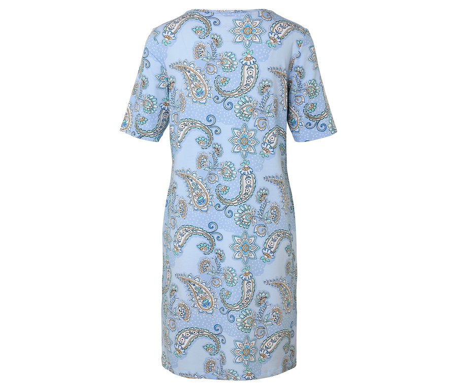 Vue arrière d'une robe bleu clair à manches courtes avec un motif cachemire.