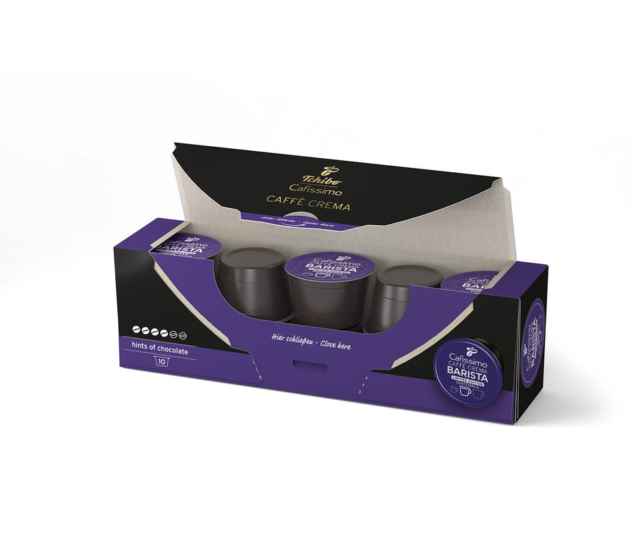 Paquet ouvert de 10 capsules Cafissimo BARISTA Caffè Crema Guatemala avec des capsules brunes à l'intérieur.