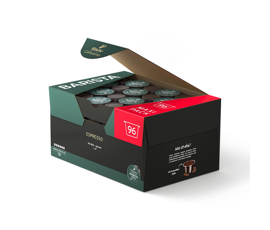 Boîte ouverte de 96 capsules de café Tchibo Cafissimo BARISTA Espresso, vert foncé et noir avec des accents rouges.