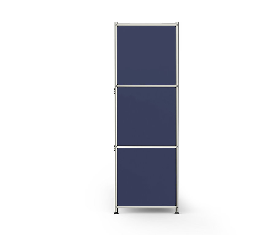 Armoire modulaire haute et étroite avec trois compartiments bleu foncé et un cadre argenté.