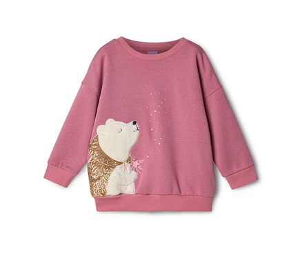 Sweat-shirt rose avec un ours polaire blanc en veste à paillettes dorées, regardant des étoiles roses et blanches.