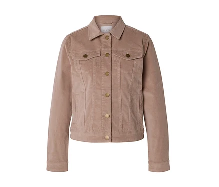 Veste en velours côtelé marron clair avec col, manches longues, fermeture boutonnée dorée, deux poches poitrine à rabat boutonné et deux poches latérales.
