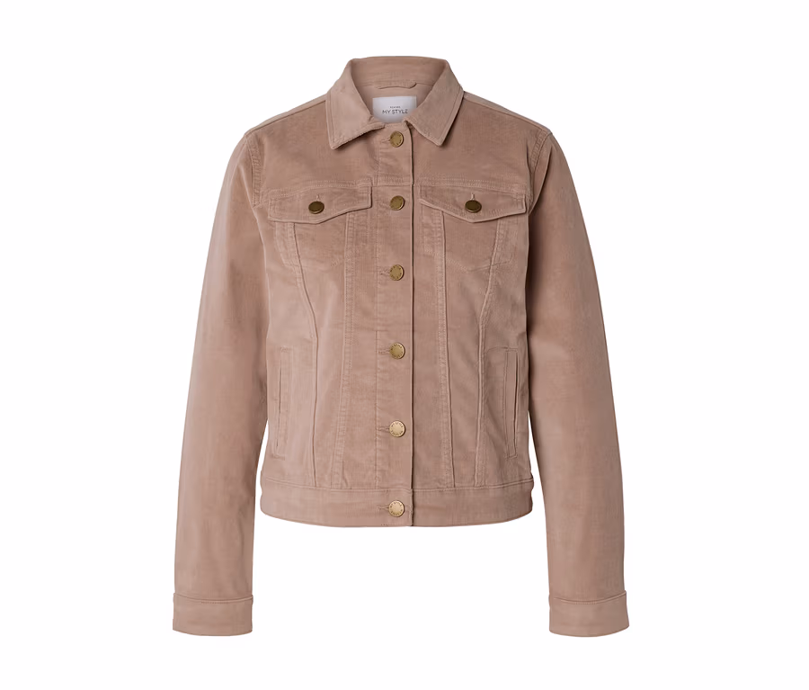 Veste en velours côtelé marron clair avec col, manches longues, fermeture boutonnée dorée, deux poches poitrine à rabat boutonné et deux poches latérales.